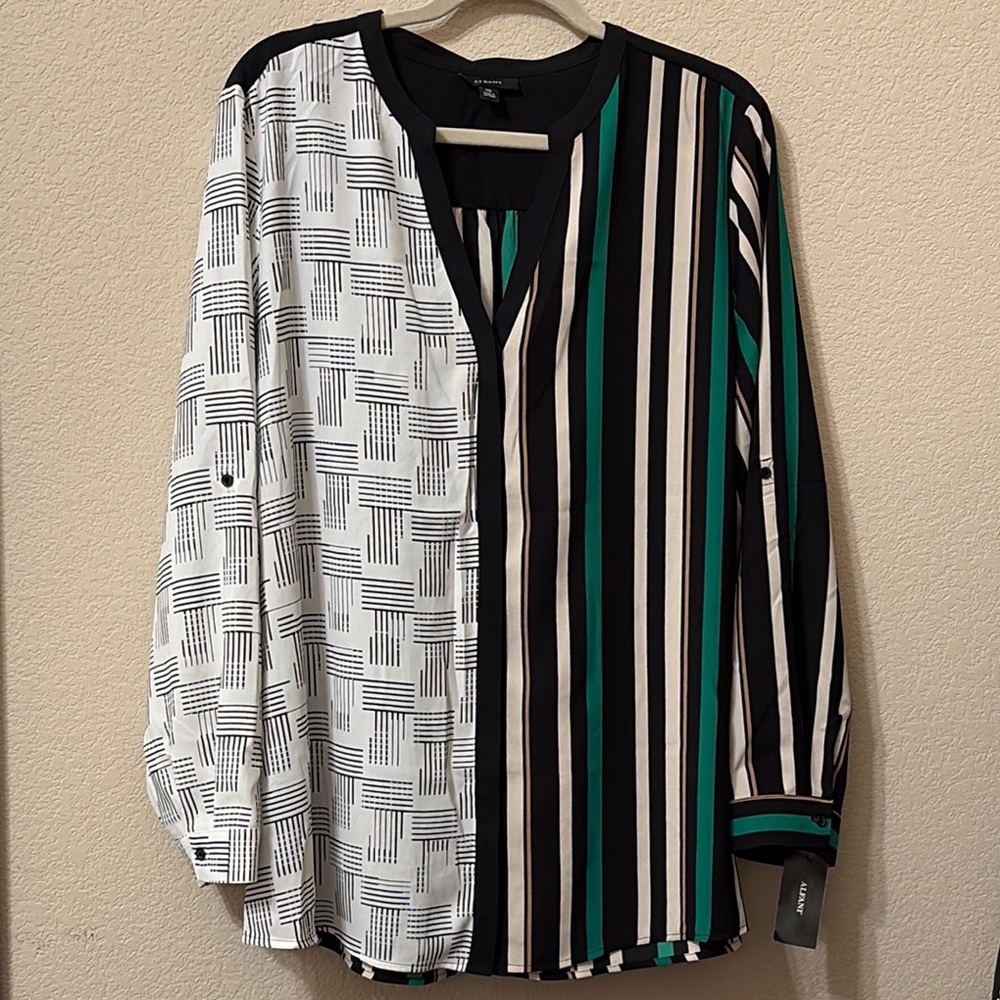 Alfani Black and Green Button Down Shirt with V-Neck